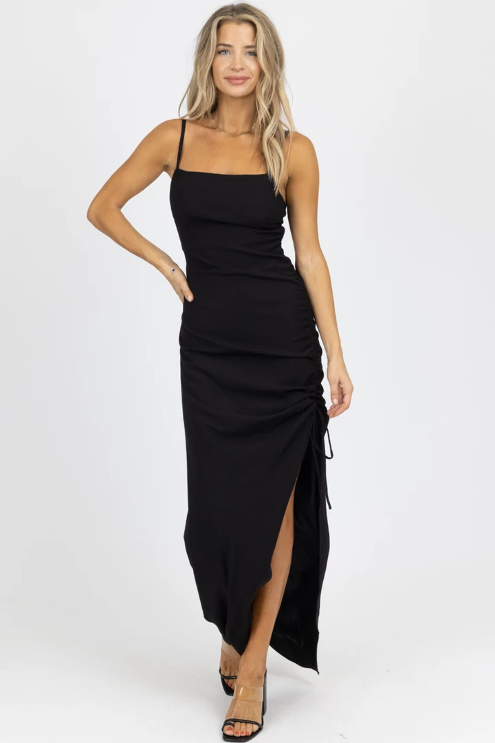 EMORY PARK BLACK SIDE RUCHE + SLIT MAXI DRESS *RESTOCK COMING SOON* NEW ARRIVALS 2 EMORY PARK BLACK SIDE RUCHE + SLIT MAXI DRESS *RESTOCK COMING SOON* NEW ARRIVALS