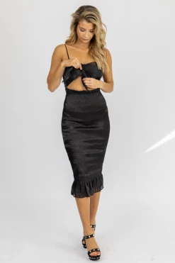 MABLE BLACK SILKY FRONT CUTOUT MIDI CLOTHING