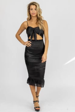 MABLE BLACK SILKY FRONT CUTOUT MIDI CLOTHING