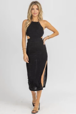 MABLE BLACK SLINKY OPEN-BACK HALTER MIDI DRESS NEW ARRIVALS