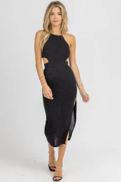 MABLE BLACK SLINKY OPEN-BACK HALTER MIDI DRESS NEW ARRIVALS