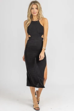 MABLE BLACK SLINKY OPEN-BACK HALTER MIDI DRESS NEW ARRIVALS