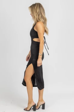 MABLE BLACK SLINKY OPEN-BACK HALTER MIDI DRESS NEW ARRIVALS