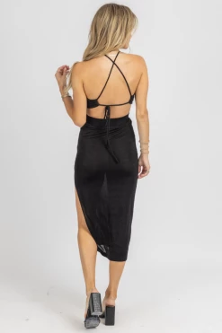 MABLE BLACK SLINKY OPEN-BACK HALTER MIDI DRESS NEW ARRIVALS