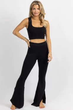 LULUNICO BLACK STRETCH SLIT FLARE PANT SET NEW ARRIVALS