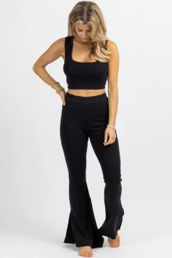 LULUNICO BLACK STRETCH SLIT FLARE PANT SET NEW ARRIVALS