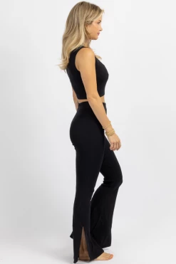 LULUNICO BLACK STRETCH SLIT FLARE PANT SET NEW ARRIVALS