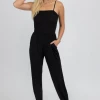 MAIN STRIP SMOCKING TOP OPEN LEG JUMPSUIT IN BLACK CLOTHING