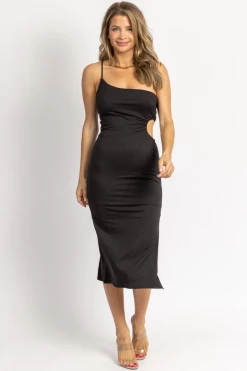 LE LIS NEW ARRIVALS BLACK SOFT OPEN SIDE ONE-SHOULDER MIDI DRESS 9 LE LIS NEW ARRIVALS BLACK SOFT OPEN SIDE ONE-SHOULDER MIDI DRESS