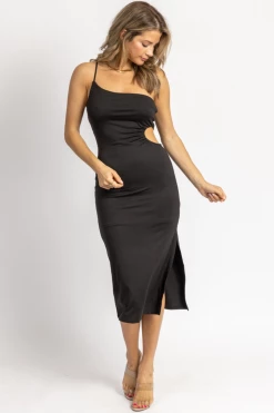 LE LIS NEW ARRIVALS BLACK SOFT OPEN SIDE ONE-SHOULDER MIDI DRESS
