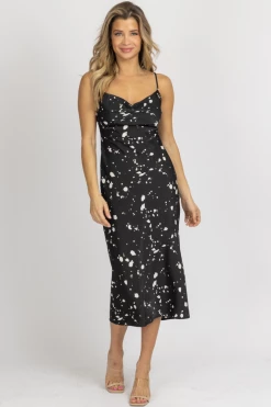 LOVELY DAY NEW ARRIVALS BLACK SPECKLE COWL NECK MIDI DRESS