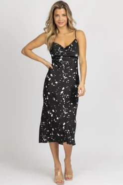 LOVELY DAY NEW ARRIVALS BLACK SPECKLE COWL NECK MIDI DRESS