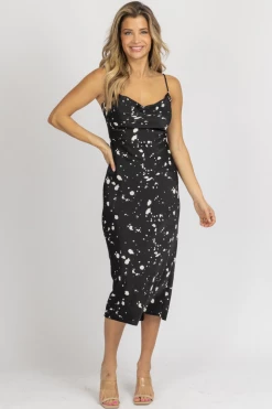 LOVELY DAY NEW ARRIVALS BLACK SPECKLE COWL NECK MIDI DRESS