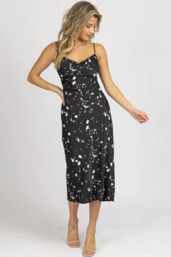 LOVELY DAY NEW ARRIVALS BLACK SPECKLE COWL NECK MIDI DRESS