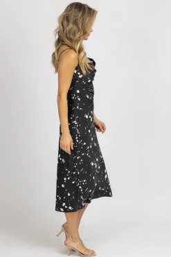 LOVELY DAY NEW ARRIVALS BLACK SPECKLE COWL NECK MIDI DRESS