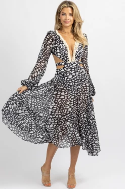 LUXXEL BLACK + IVORY SPOTTED FRINGE MAXI DRESS *BACK IN STOCK* NEW ARRIVALS