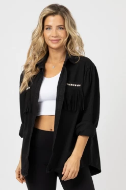 LEMON TREE BLACK STUDDED FRINGE POCKET JACKET CLOTHING