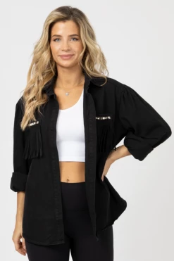 LEMON TREE BLACK STUDDED FRINGE POCKET JACKET CLOTHING