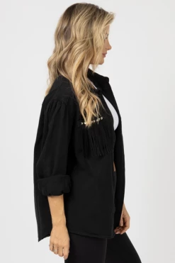 LEMON TREE BLACK STUDDED FRINGE POCKET JACKET CLOTHING