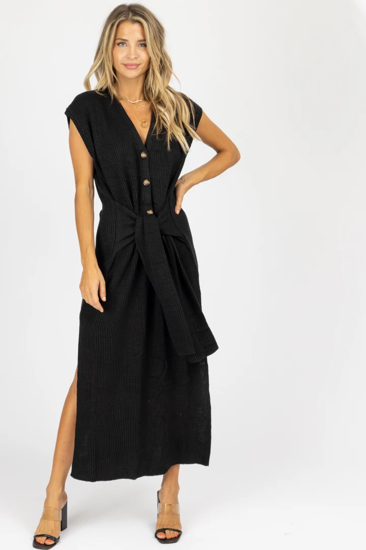 MABLE BLACK SLEEVELESS SWEATER SELF-TIE MIDI DRESS NEW ARRIVALS 2 MABLE BLACK SLEEVELESS SWEATER SELF-TIE MIDI DRESS NEW ARRIVALS