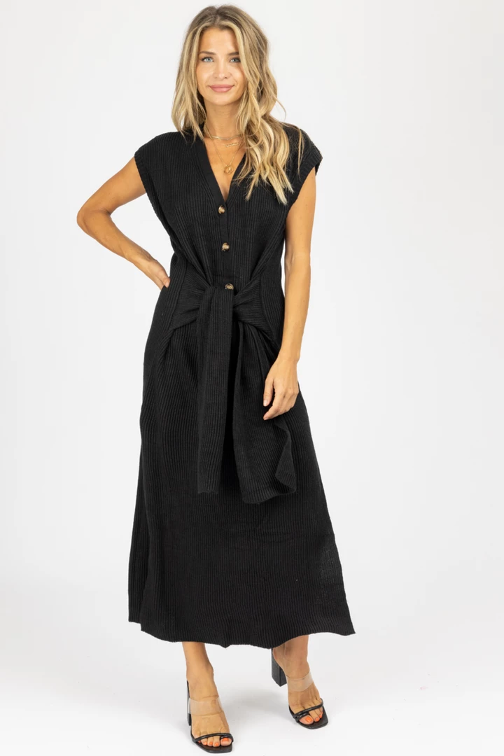 MABLE BLACK SLEEVELESS SWEATER SELF-TIE MIDI DRESS NEW ARRIVALS 1 MABLE BLACK SLEEVELESS SWEATER SELF-TIE MIDI DRESS NEW ARRIVALS