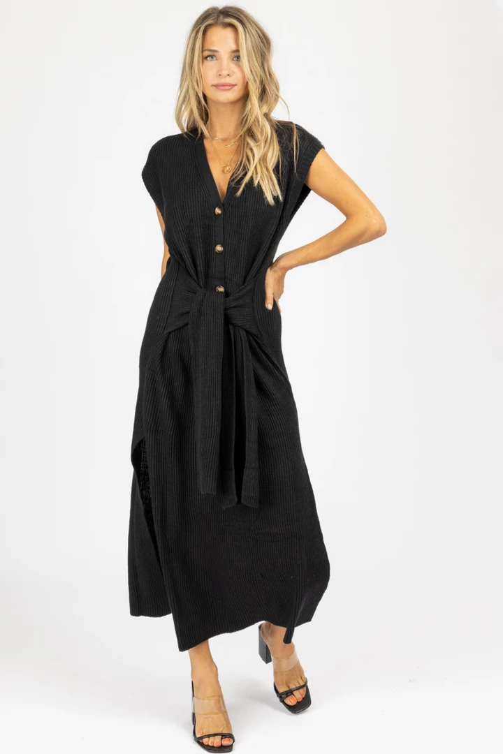 MABLE BLACK SLEEVELESS SWEATER SELF-TIE MIDI DRESS NEW ARRIVALS 3 MABLE BLACK SLEEVELESS SWEATER SELF-TIE MIDI DRESS NEW ARRIVALS