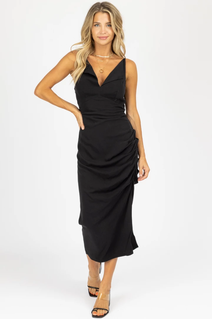 MABLE NEW ARRIVALS BLACK SLEEVELESS V-NECK SHIRRED SIDE MAXI 5 MABLE NEW ARRIVALS BLACK SLEEVELESS V-NECK SHIRRED SIDE MAXI