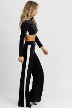WINWIN APPAREL BEST SELLERS BLACK VELVET CONTRAST STRIPE PANT SET