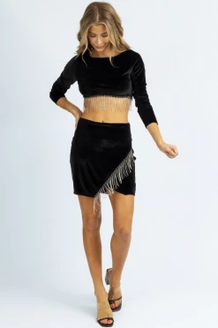 BLUE BLUSH NEW ARRIVALS BLACK VELVET RHINE TRIM TOP + SKIRT SET