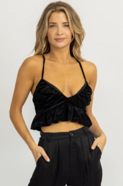BLUE BLUSH BLACK VELVET RUCHED CROPPED TOP NEW ARRIVALS