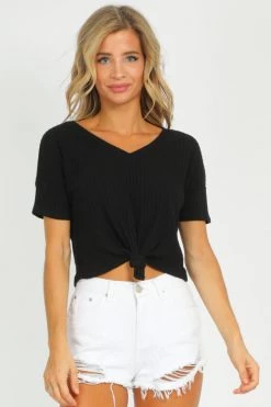 FASCINATION BLACK VNECK TIE FRONT CROP CLOTHING