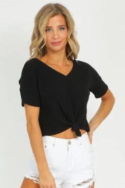 FASCINATION BLACK VNECK TIE FRONT CROP CLOTHING