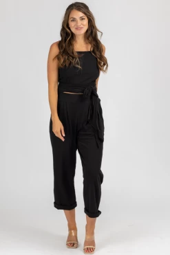 OLIVACEOUS CLOTHING BLACK WRAP TOP + PLEATED PANT SET