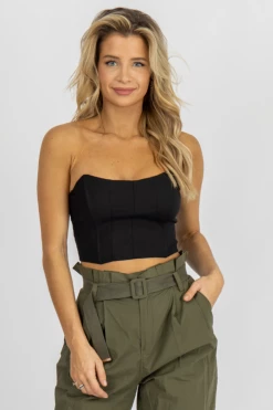 MABLE BLACK ZIP BACK STRAPLESS CROP CLOTHING