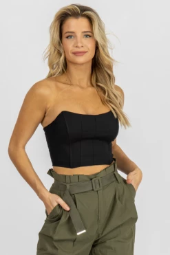 MABLE BLACK ZIP BACK STRAPLESS CROP CLOTHING