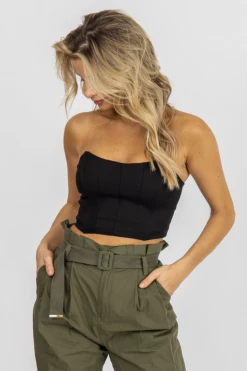 MABLE BLACK ZIP BACK STRAPLESS CROP CLOTHING