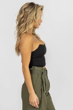 MABLE BLACK ZIP BACK STRAPLESS CROP CLOTHING