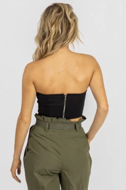 MABLE BLACK ZIP BACK STRAPLESS CROP CLOTHING