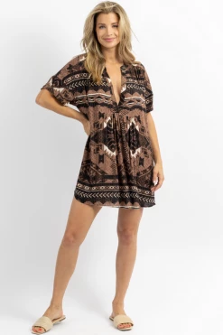 OLIVACEOUS BOHEME BROWN MINI SHIRT DRESS