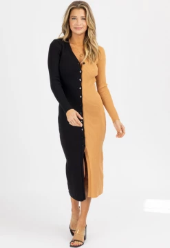 DEE ELLY NEW ARRIVALS BLACK + CARAMEL CONTRAST KNIT BUTTON MIDI DRESS