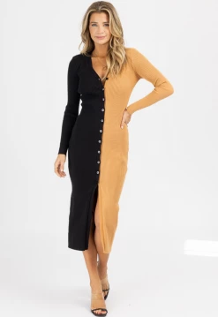 DEE ELLY NEW ARRIVALS BLACK + CARAMEL CONTRAST KNIT BUTTON MIDI DRESS
