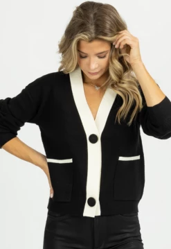 Q2 NEW ARRIVALS BLACK + IVORY FRONT POCKET CARDIGAN