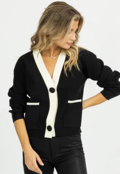Q2 NEW ARRIVALS BLACK + IVORY FRONT POCKET CARDIGAN