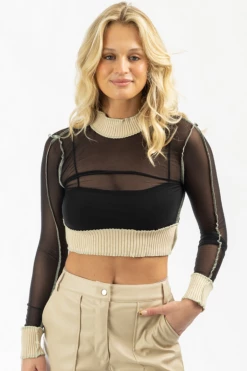 BLUE BLUSH BLACK + CREAM CONTRAST MESH KNIT CROP NEW ARRIVALS
