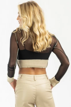 BLUE BLUSH BLACK + CREAM CONTRAST MESH KNIT CROP NEW ARRIVALS