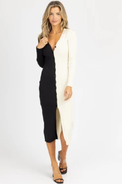 DEE ELLY NEW ARRIVALS BLACK + CREAM CONTRAST KNIT BUTTON MIDI DRESS *BACK IN STOCK*
