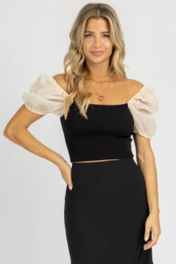 MIOU MUSE BLACK + SHEER CREAM SLEEVE CROP TOP CLOTHING