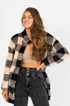 THE FREE YOGA BLACK + BEIGE GRID SHERPA JACKET