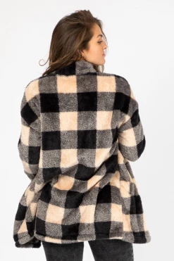 THE FREE YOGA BLACK + BEIGE GRID SHERPA JACKET