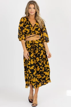 LUSH BLACK + GOLD FLORAL TIE MIDI SKIRT SET